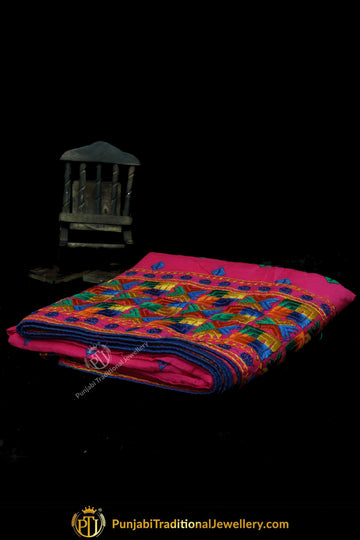 Pink Color Pure Phulkari Dupatta By Punjabi Traditional Jewellery